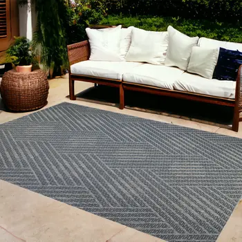 8' X 10' Gray and Blue Geometric Stain Resistant Indoor Outdoor Area Rug