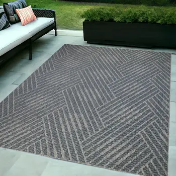 6' X 9' Gray and Blue Geometric Stain Resistant Indoor Outdoor Area Rug