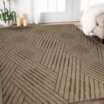5' X 8' Beige Geometric Stain Resistant Indoor Outdoor Area Rug