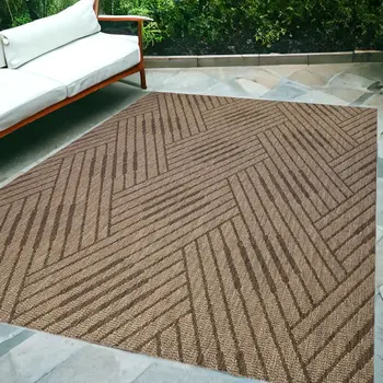 6' X 9' Beige Geometric Stain Resistant Indoor Outdoor Area Rug