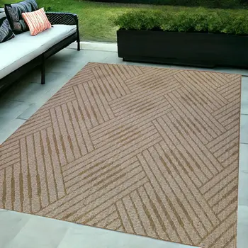 6' X 9' Beige Geometric Stain Resistant Indoor Outdoor Area Rug