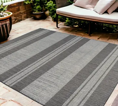 8' X 10' Blue and Gray Striped Stain Resistant Indoor Outdoor Area Rug