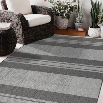8' X 10' Blue and Gray Striped Stain Resistant Indoor Outdoor Area Rug