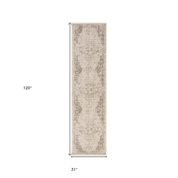 10' Gray and Light Cream Medallion Power Loom Runner Rug