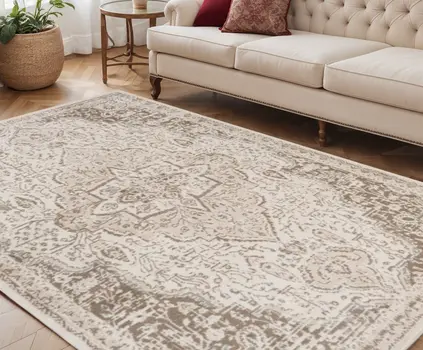 5' X 8' Gray and Light Cream Medallion Power Loom Area Rug