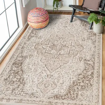 5' X 8' Gray and Light Cream Medallion Power Loom Area Rug