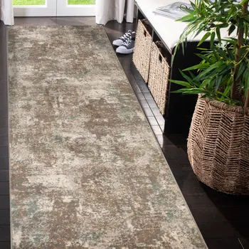 10' Gray and Light Brown Abstract Power Loom Runner Rug