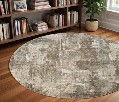 8' Gray and Light Brown Abstract Power Loom Round Rug