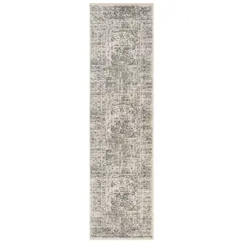 10' Medium Gray and Ivory Medallion Power Loom Runner Rug