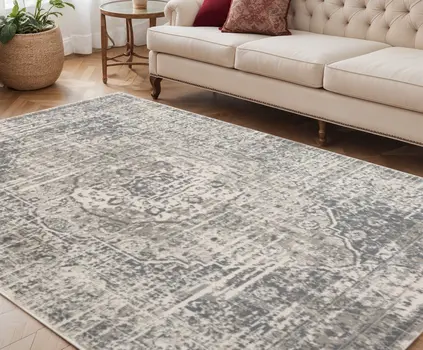 5' X 8' Medium Gray and Ivory Medallion Power Loom Area Rug