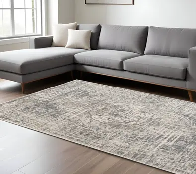 8' X 10' Medium Gray and Ivory Medallion Power Loom Area Rug