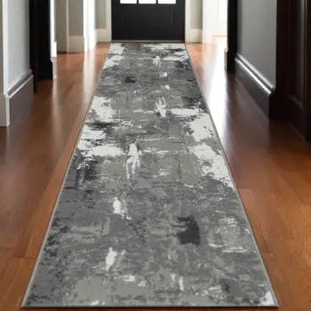 10' Ivory Black And Gray Abstract Runner Rug