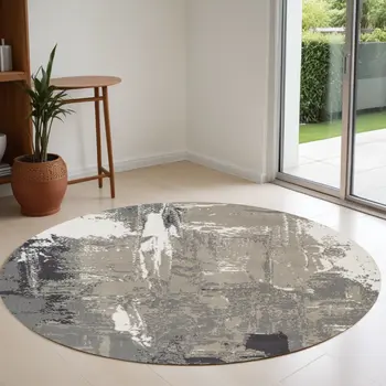 8' Ivory Black and Gray Abstract Power Loom Round Rug