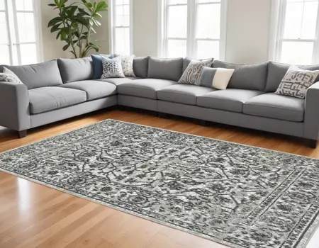 6' X 9' Gray and Dark Gray Floral Power Loom Area Rug