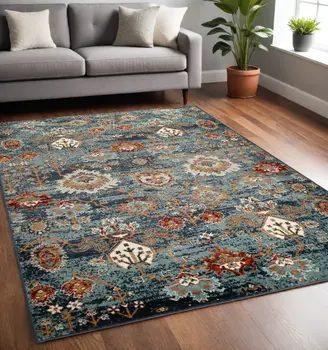 5' X 8' Teal Rust and Orange Oriental Power Loom Area Rug