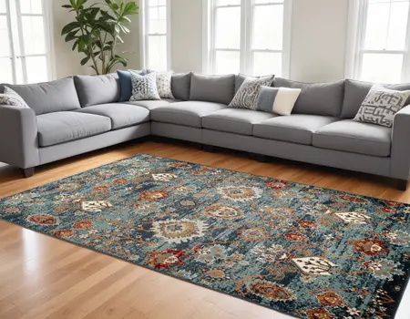 9' X 12' Teal Rust and Orange Oriental Power Loom Area Rug