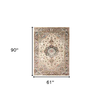 5' X 8' Ivory Navy and Orange Medallion Power Loom Area Rug