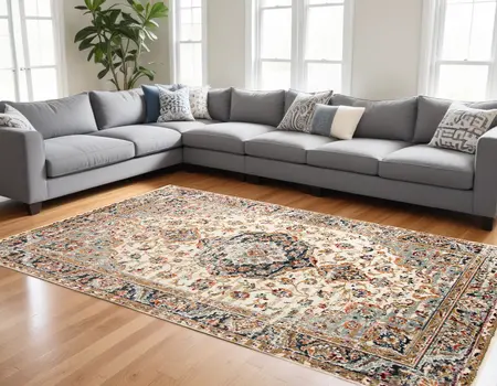 8' X 10' Ivory Navy and Orange Medallion Power Loom Area Rug
