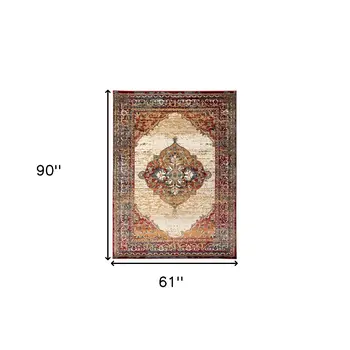 5' X 8' Ivory Red and Orange Medallion Power Loom Area Rug