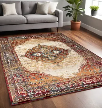 5' X 8' Ivory Red and Orange Medallion Power Loom Area Rug