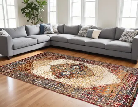 8' X 10' Ivory Red and Orange Medallion Power Loom Area Rug