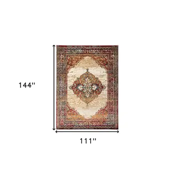 9' X 12' Ivory Red and Orange Medallion Power Loom Area Rug