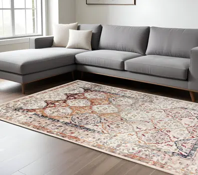 9' X 12' Beige Rust and Navy Floral Medallion Power Loom Area Rug