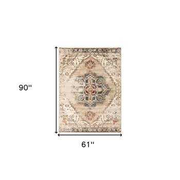 5' X 8' Ivory Tan and Gold Medallion Power Loom Area Rug