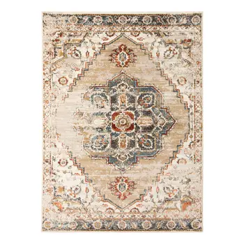 8' X 10' Ivory Tan and Gold Medallion Power Loom Area Rug