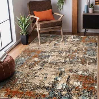 9' X 12' Tan Orange and Gray Abstract Power Loom Area Rug