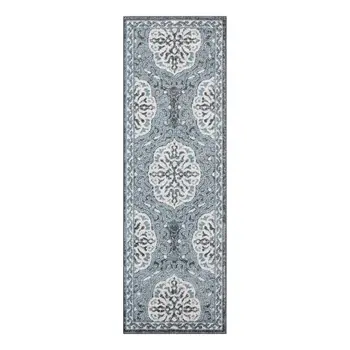 6' Charcoal and Ivory Medallion Power Loom Runner Rug