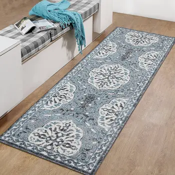 6' Charcoal and Ivory Medallion Power Loom Runner Rug