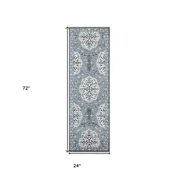 6' Charcoal and Ivory Medallion Power Loom Runner Rug
