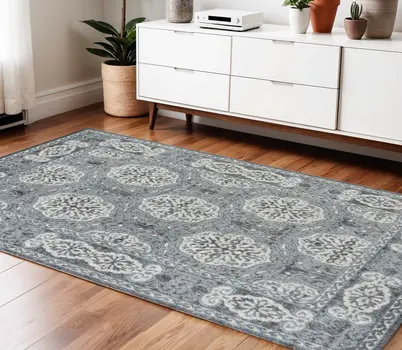 4' X 6' Charcoal and Ivory Medallion Power Loom Area Rug