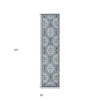 10' Charcoal and Ivory Medallion Power Loom Runner Rug