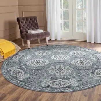 6' Charcoal and Ivory Medallion Power Loom Round Rug