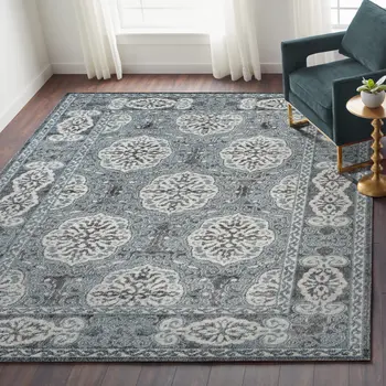9' X 12' Charcoal and Ivory Medallion Power Loom Area Rug