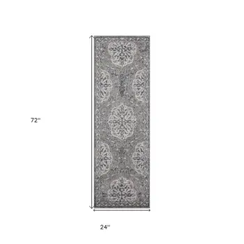 6' Charcoal and Gray Medallion Power Loom Runner Rug