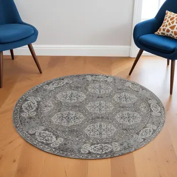 6' Charcoal and Gray Medallion Power Loom Round Rug