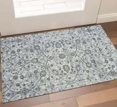 2' X 3' Charcoal Ivory And Light Blue Oriental Area Rug