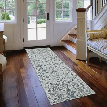 10' Charcoal and Gray Floral Power Loom Runner Rug