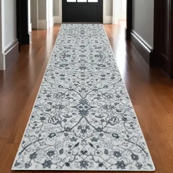 10' Charcoal and Gray Floral Power Loom Runner Rug