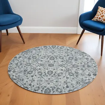 6' Charcoal and Gray Floral Power Loom Round Rug
