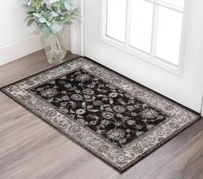 2' X 3' Ivory Black and Gray Floral Power Loom Area Rug
