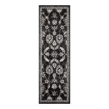 6' Ivory Black and Gray Oriental Power Loom Runner Rug