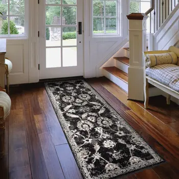 6' Ivory Black and Gray Oriental Power Loom Runner Rug
