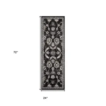6' Ivory Black and Gray Oriental Power Loom Runner Rug