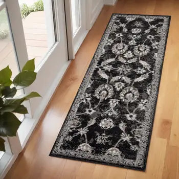 6' Ivory Black and Gray Oriental Power Loom Runner Rug