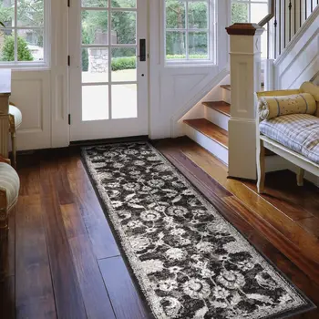 10' Ivory Black and Gray Floral Power Loom Runner Rug