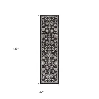 10' Ivory Black and Gray Floral Power Loom Runner Rug